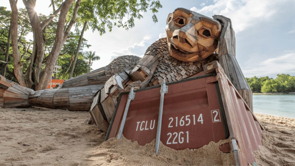 Recycled wood statues at Palawan Beach / Sentosa