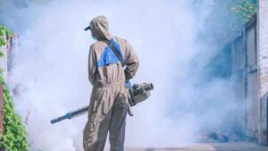 Healthcare worker using fogging machine spraying chemical to eliminate mosquitoes and prevent dengue fever in public community area by ภาพของPrapat Aowsakorn