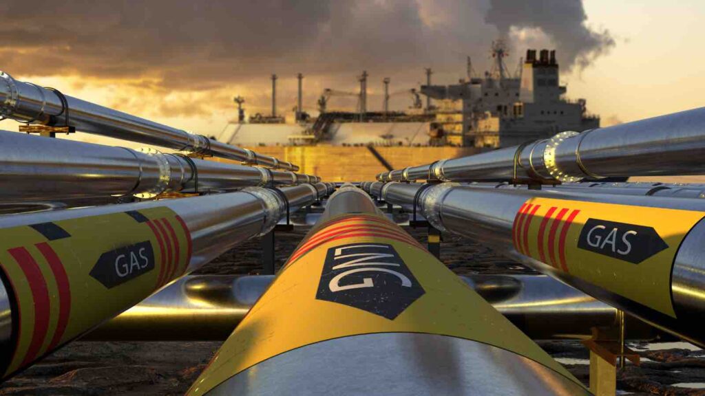 Pipelines leading the LNG terminal and the LNG tanker by MikeMareen from Getty Images