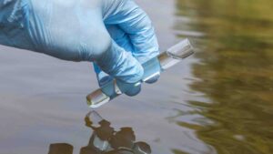 Sample water from river for analysis. Hand in glove by ADragan from Getty Images Pro