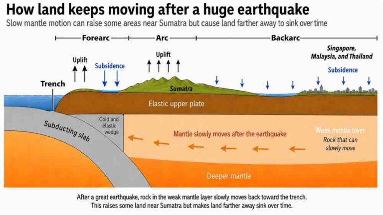 Image: How land keeps moving after a huge earthquake. (Graphic created using tools that include generative AI. source : NTU)