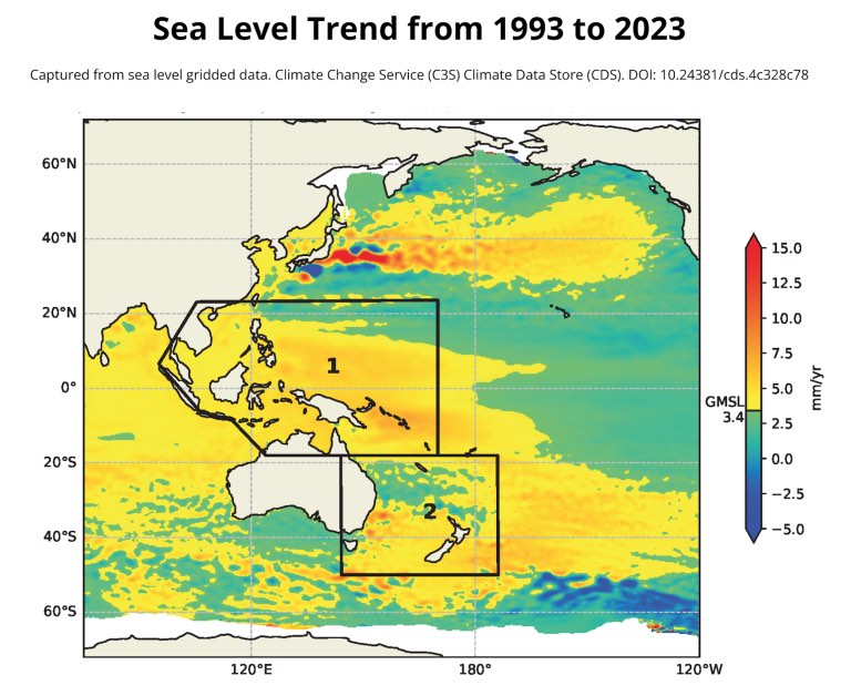 Sea level trend from 1993-2023 captured from sea level gridded data. Climate Change Service (C3S) Climate Data Store (CDS). DOI: 10.24381/cds.4c328c78